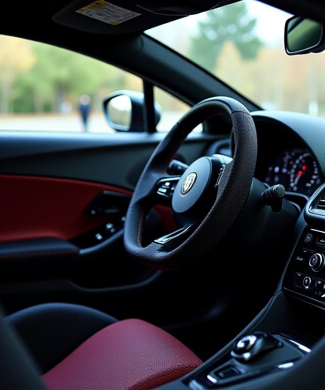 Sleek car interior displaying custom textile weaves and performance steering