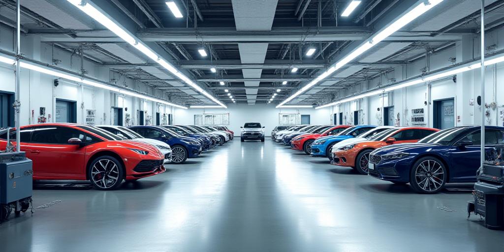 Clean, well lit automotive workshop floor with cars on hoists